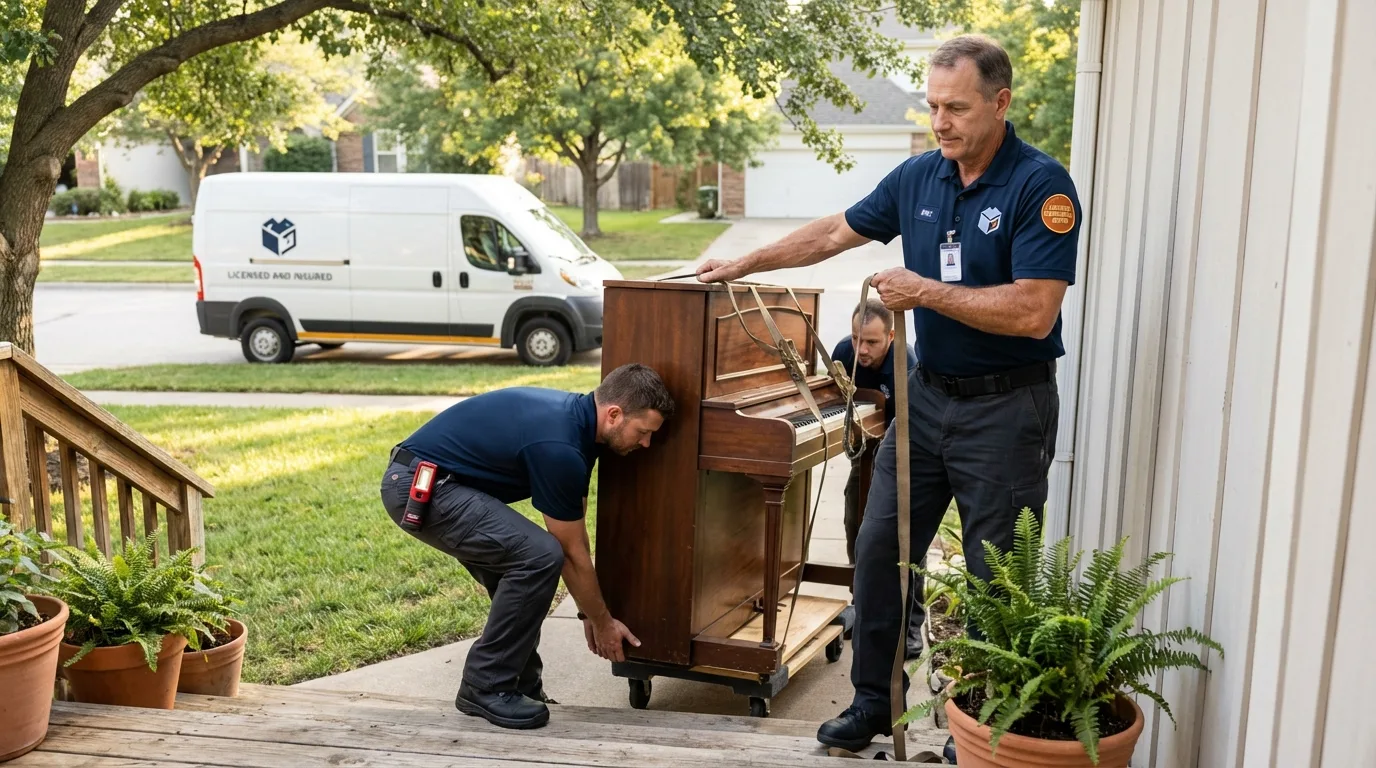 Licensed piano movers securing grand piano in Irrigon, OR