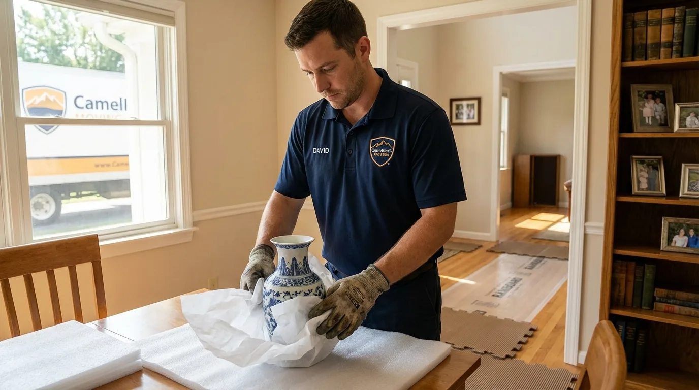 Professional crew carefully wrapping antique vase for senior downsizing move in Irrigon, OR